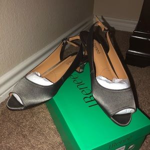 Dark gray/taupe. Sling back satin heels.  Size 11 W.